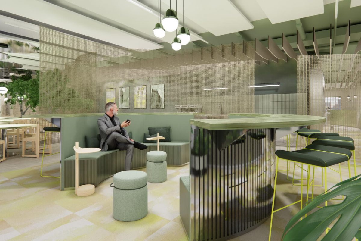 Innenarchitektur München - Büroprojekt von Innenarchitektur Federleicht in der Schweiz in Zürich; heller, in grün gehaltener Loungebereich mit Bar