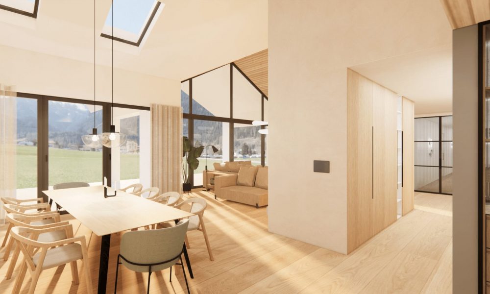 Innenarchitektur München Federleicht - Neubau Haus in Bungalowbauweise | Essbereich mit Blick zum Wohnzimmer